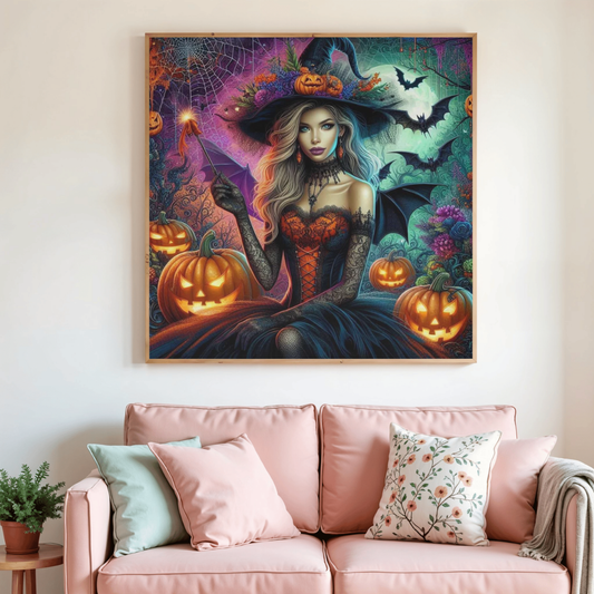 Toile diamant de sorcière, motif Halloween avec citrouilles et chauve-souris