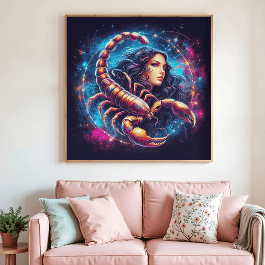 Tableau de diamant encadré, motif femme et scorpion astral bleu et magenta.