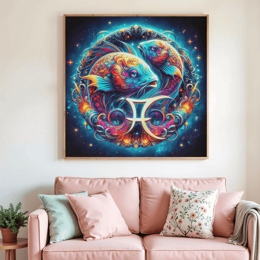 Tableau de peinture par diamants encadré, motif circulaire avec deux poissons Poisson
