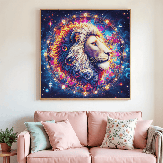 Toile de peinture diamant avec lion blanc de profil, motif zodiacal bleu et doré