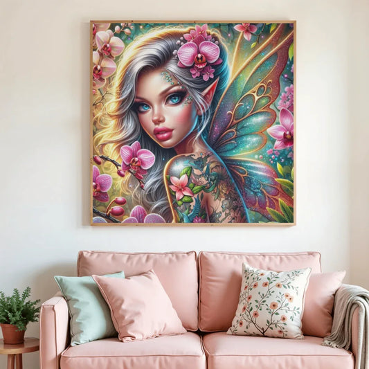 Tableau de peinture au diamant encadré, portrait de fée aux orchidées et papillon bleu