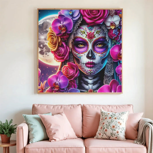 Peinture diamant carrée Catrina calavera colorée, fleurs roses et violettes