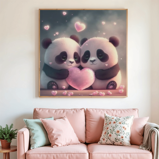 Toile de diamant avec deux pandas mignons tenant un cœur, motif de cœurs