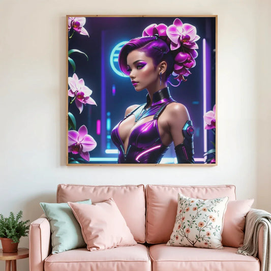Peinture diamant encadrée, portrait femme violet et orchidées, sur mur.