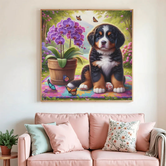 Tableau de peinture diamant Tendresse florale encadré, chiot et fleurs violettes