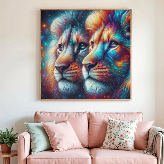 Peinture diamant encadrée : deux lions cosmiques aux yeux bleus, décor coloré
