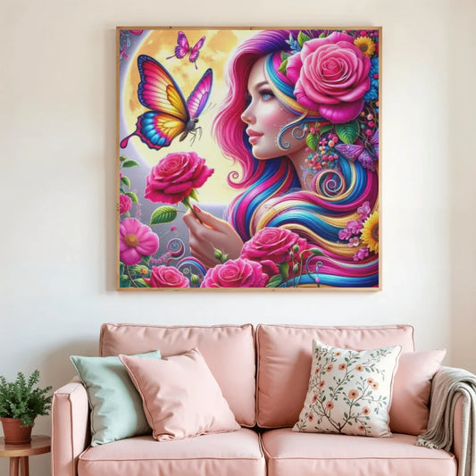 Tableau encadré de peinture au diamant avec profil de femme, papillon bleu et roses