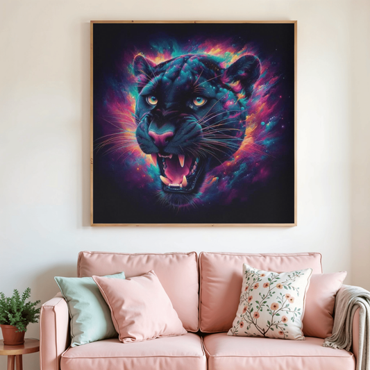 Peinture diamant d’une panthère multicolore, gros plan du visage et de la gueule