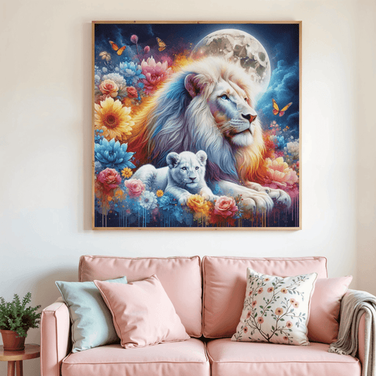 Peinture diamant encadrée avec un lion blanc, un lionceau et une lune au-dessus de fleurs