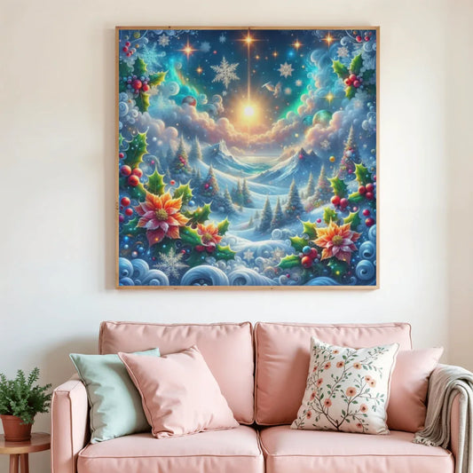 Tableau encadré de peinture diamant « Noël Céleste » : paysage enneigé, étoiles et sapins
