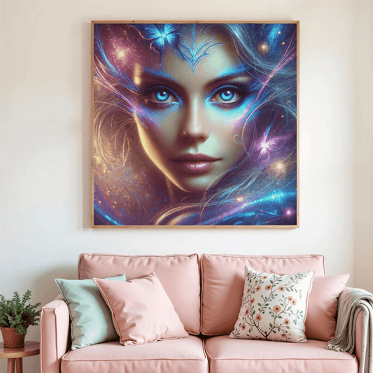 Toile de peinture par diamants Vision Céleste, portrait féminin, papillon bleu, reflets étoiles