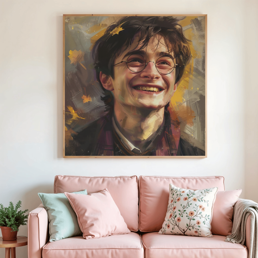 Toile de peinture diamant encadrée, portrait de jeune sorcier aux lunettes et au sourire
