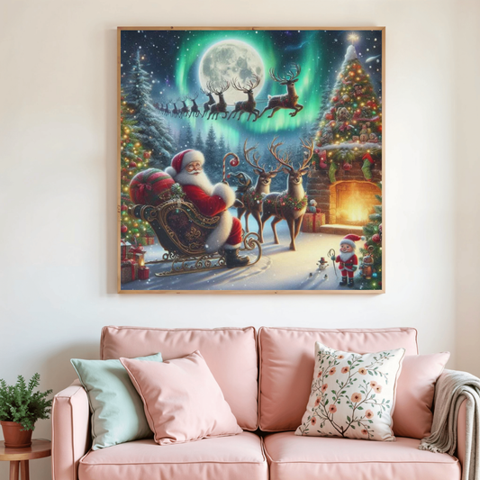 Toile de peinture diamant Noël : Père Noël, traîneau et rennes, sapins, lune.