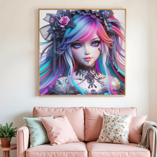 Toile de peinture diamant dans un cadre, portrait aux cheveux bleu rose et fleurs
