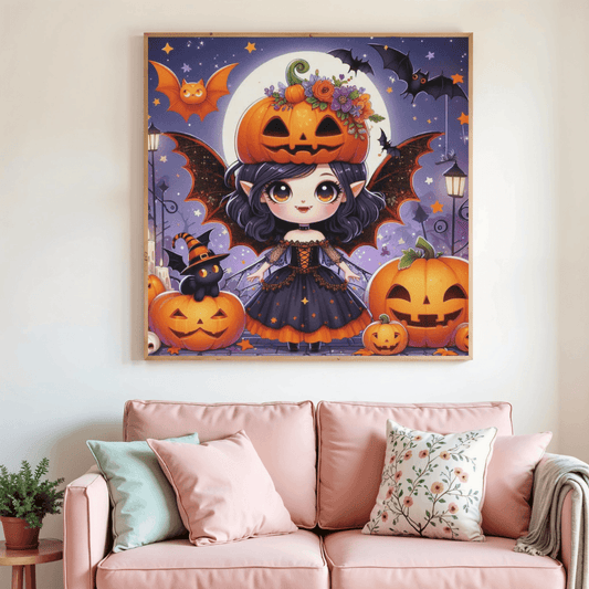 Tableau encadré Vampirette Halloween : fille vampire, citrouilles et chauves-souris
