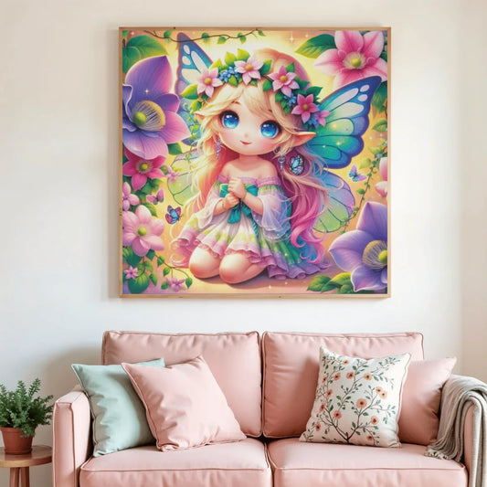 Tableau de diamant encadré avec fée blonde aux ailes bleues et fleurs