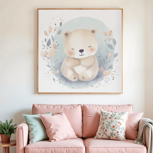 Tableau peinture diamant ourson pastel assis dans un cadre cercle