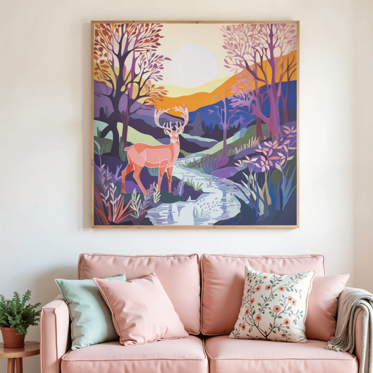 Toile de peinture diamant encadrée : cerf dans la forêt, rivière et collines.