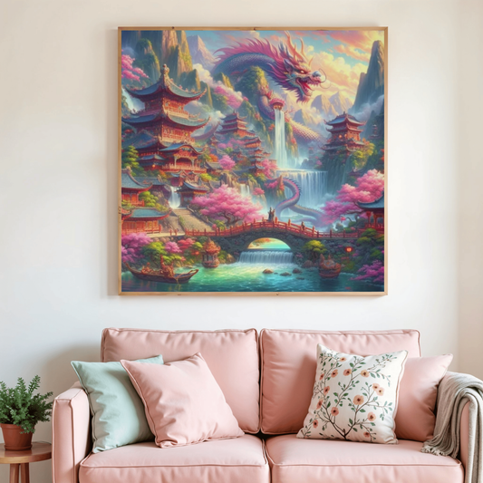 Tableau de peinture au diamant encadré représentant temple asiatique et dragon, sur mur