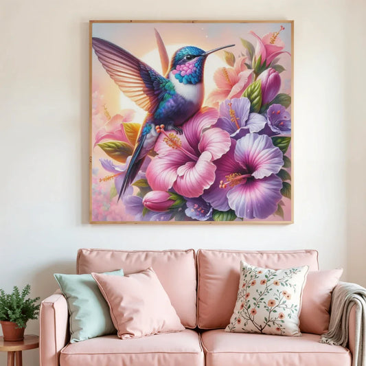 Toile de peinture diamant encadrée : colibri bleu et fleurs roses, violettes