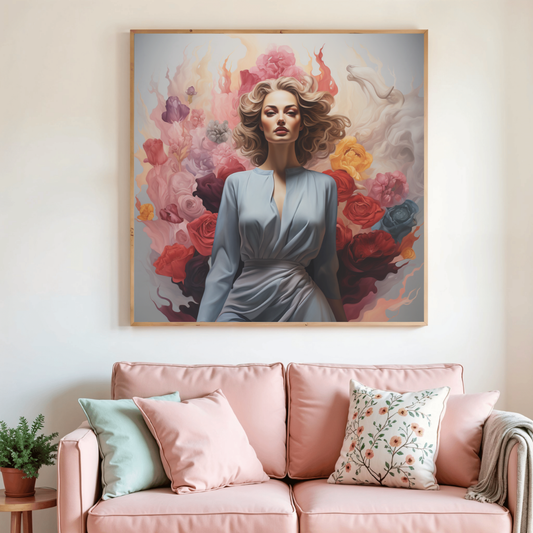 Peinture diamant encadrée, portrait de femme aux cheveux bruns, robe bleu clair.