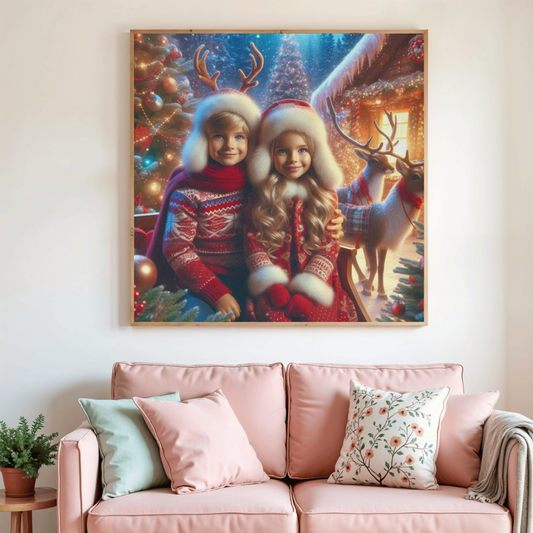 Peinture diamant encadrée La Famille de Noël : deux enfants en rouge, rennes et sapin
