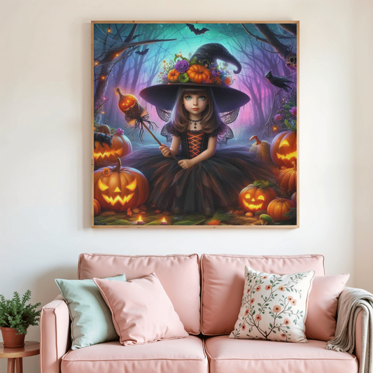 Tableau de diamant à broder, princesse sorcière et citrouilles orange.