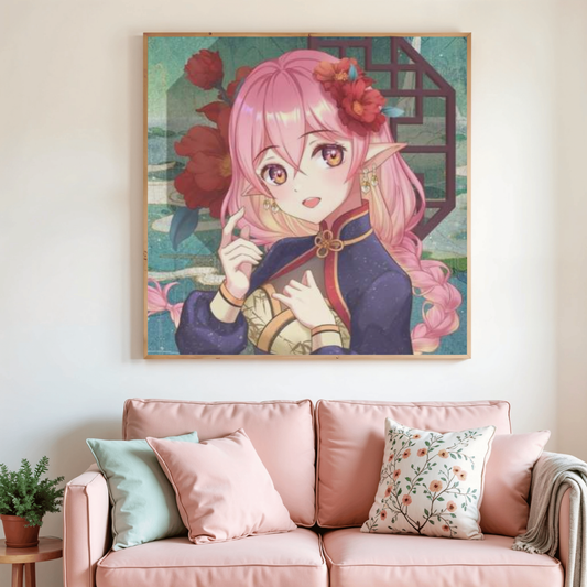 Toile de peinture diamant encadrée : elfe manga aux cheveux roses