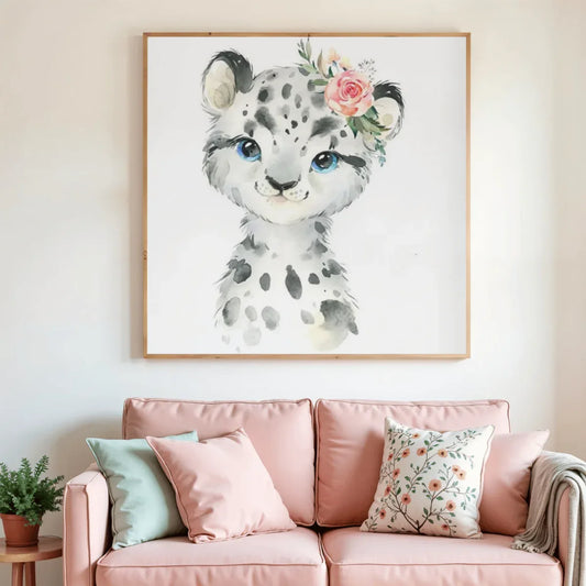 Peinture diamant Tigre Mignon : tigre blanc tacheté gris, yeux bleus, rose