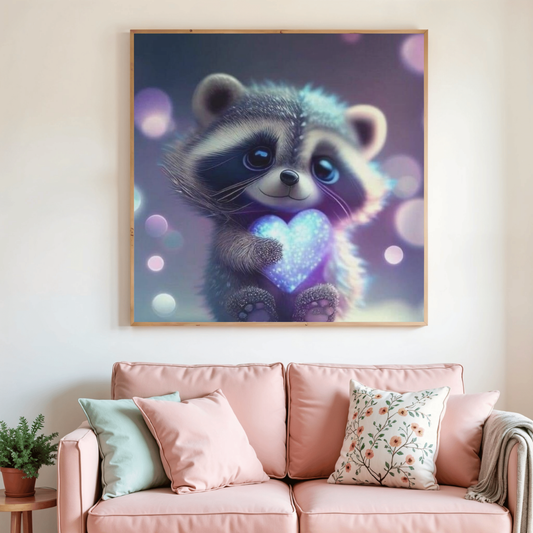 Peinture diamant encadrée d’un raton laveur tenant un cœur lumineux scintillant.
