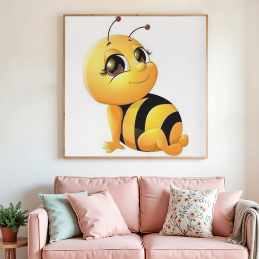 Peinture diamant encadrée, abeille souriante jaune, style cartoon.