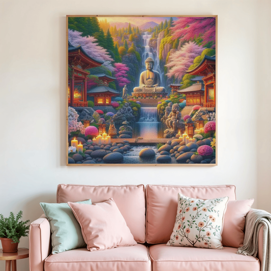 Tableau encadré de peinture diamant : Bouddha assis, cascade, fleurs et bougies