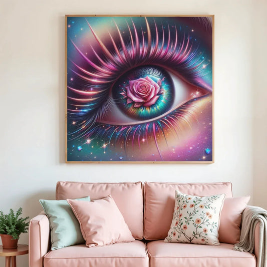 Peinture diamant encadrée : œil stylisé, rose violette, fond étoilé aux dégradés