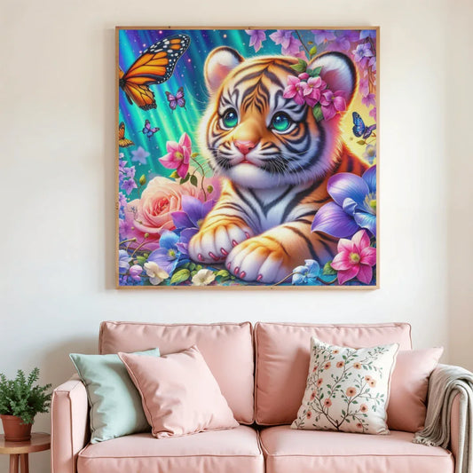 Toile de peinture par diamants carrée encadrée, bébé tigre, papillons et fleurs
