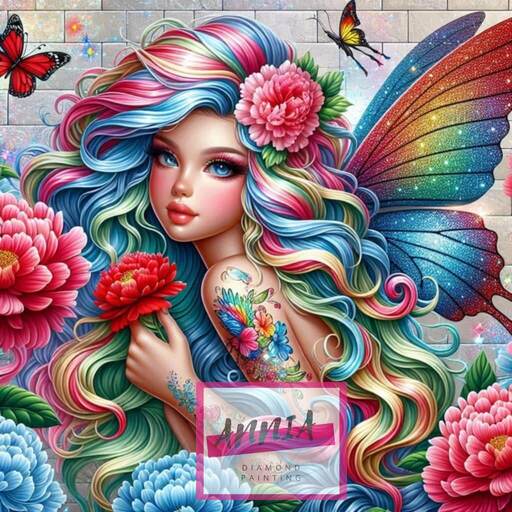 🧚♀️🌺 Diamond Painting – Fée aux Cheveux Arc-en-Ciel