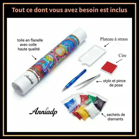 Kit de peinture diamant personnalisée : toile, plaque à strass, cire, stylo et sachets