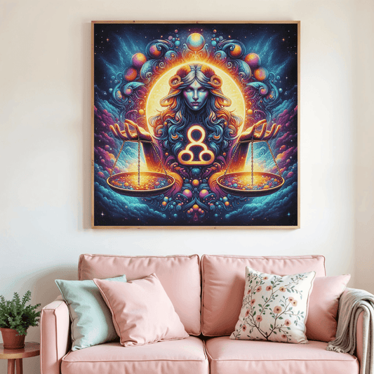 Tableau de diamant en cadre, Balance avec femme centrale et boules planètes