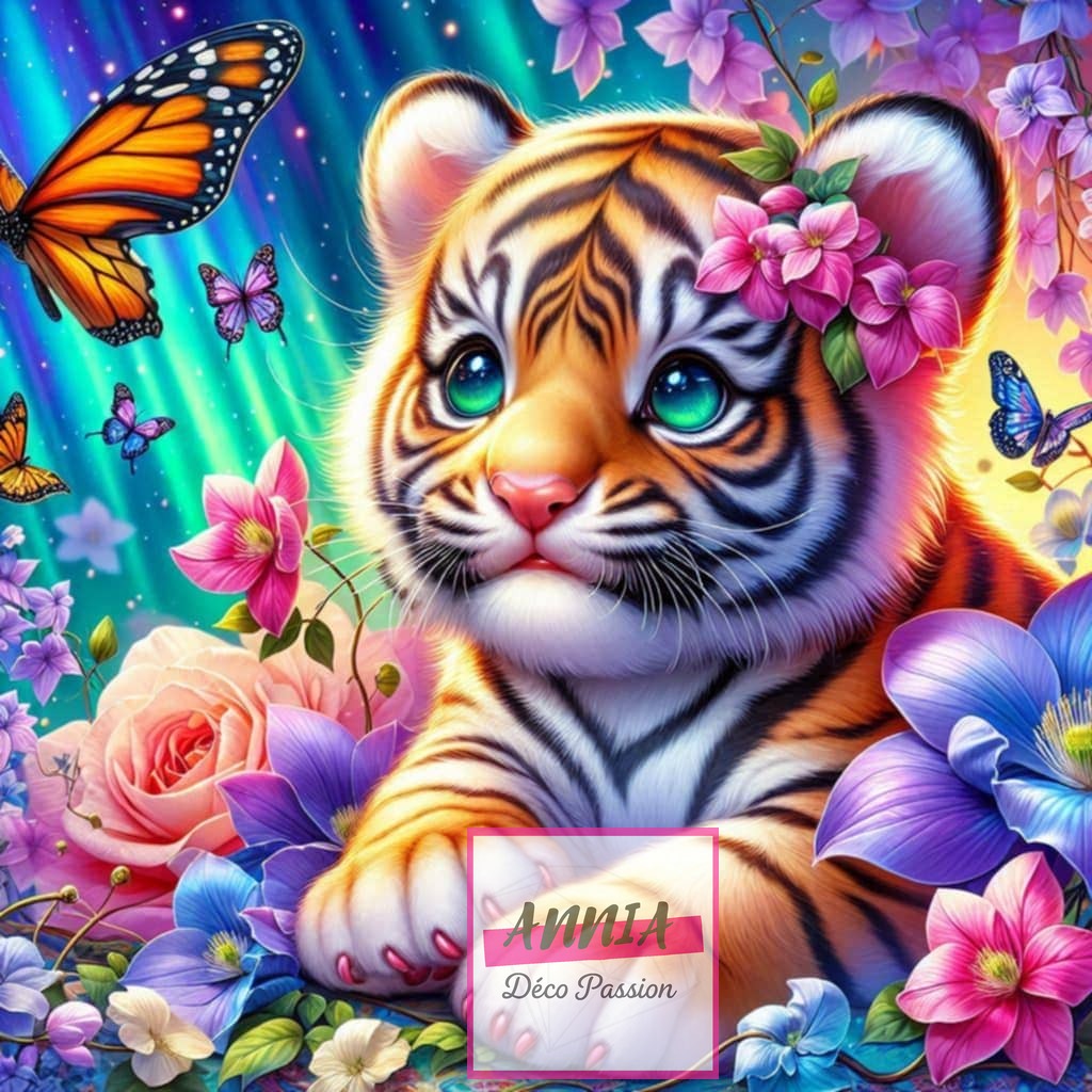 🧡✨ Diamond Painting – Bébé Tigre aux Papillons