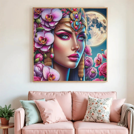 Toile de peinture diamant encadrée avec visage féminin, fleurs roses et lune
