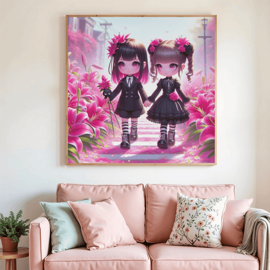 Tableau de peinture diamant encadré, deux personnages gothiques kawaii aux cheveux roses