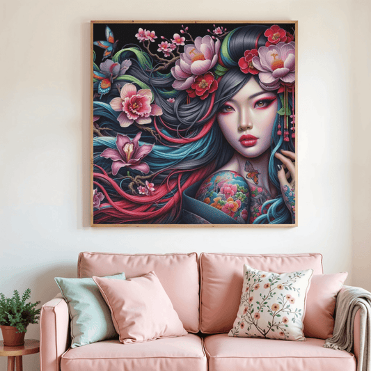 Tableau de peinture au diamant Esprit de Soie encadré, portrait femme aux fleurs