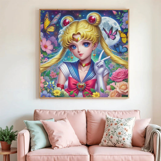 Peinture diamant encadrée, portrait de la gardienne de la lune avec papillons