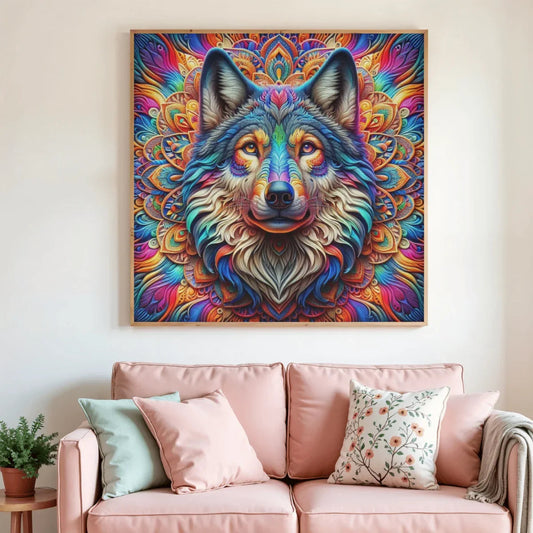 Peinture diamant encadrée : tête de loup aux tons arc-en-ciel et mandala