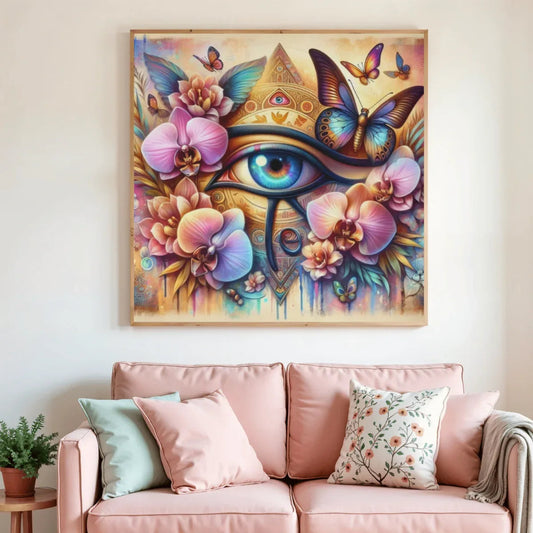 Toile de peinture au diamant encadrée, œil bleu, orchidées et papillons colorés