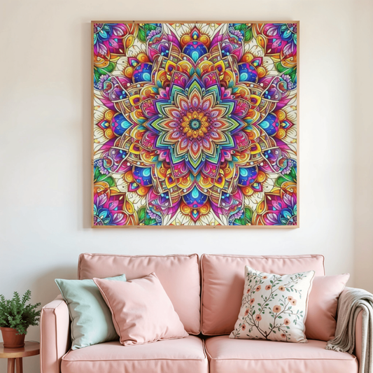 Tableau peinture diamant mandala floral coloré encadré, vue d’ensemble