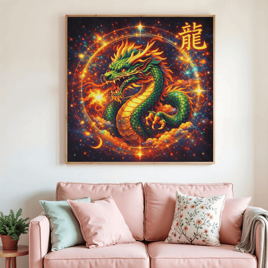 Toile de peinture par diamants: dragon chinois vert et rouge sur fond noir.