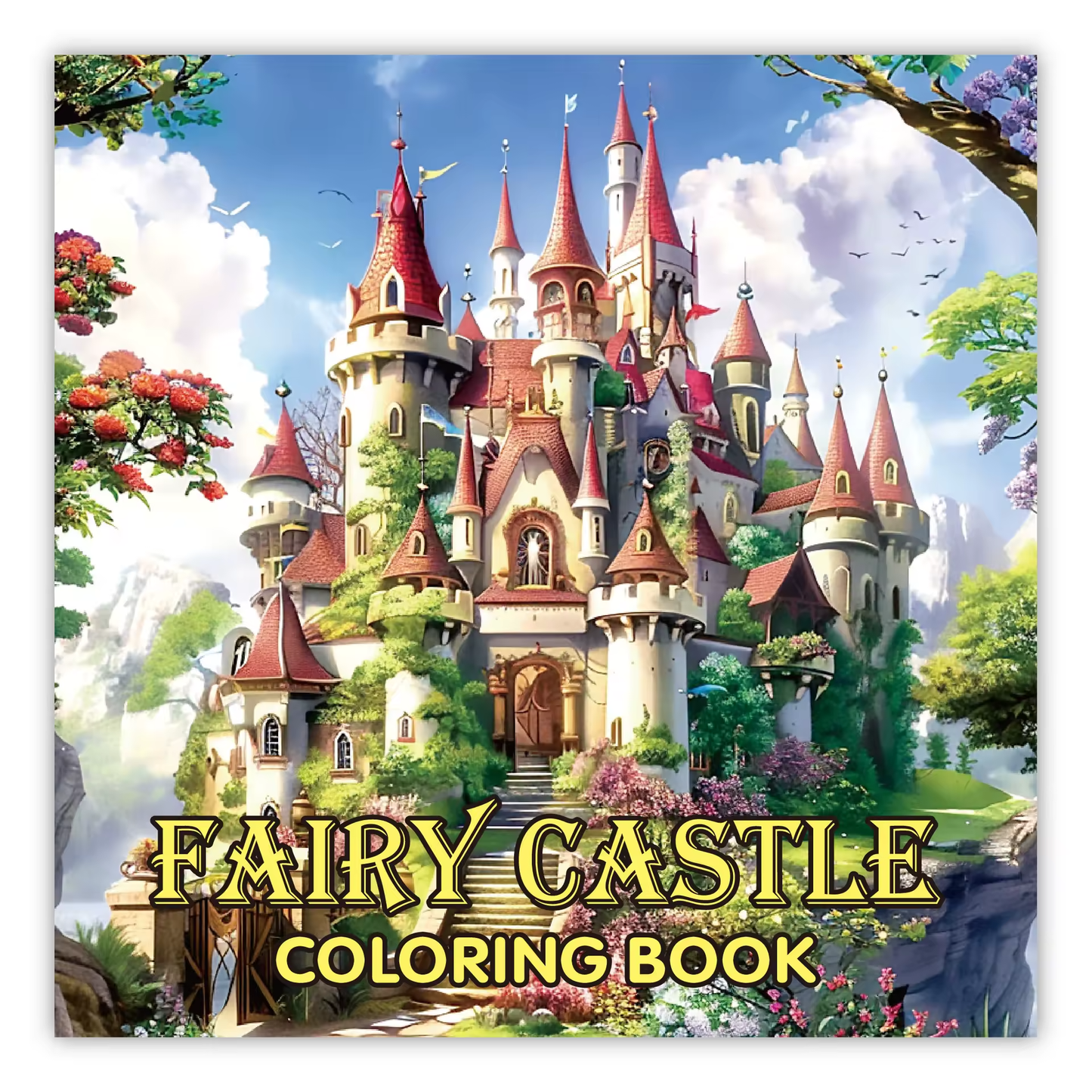 Livre de coloriage château féerique, couverture avec château et fleurs