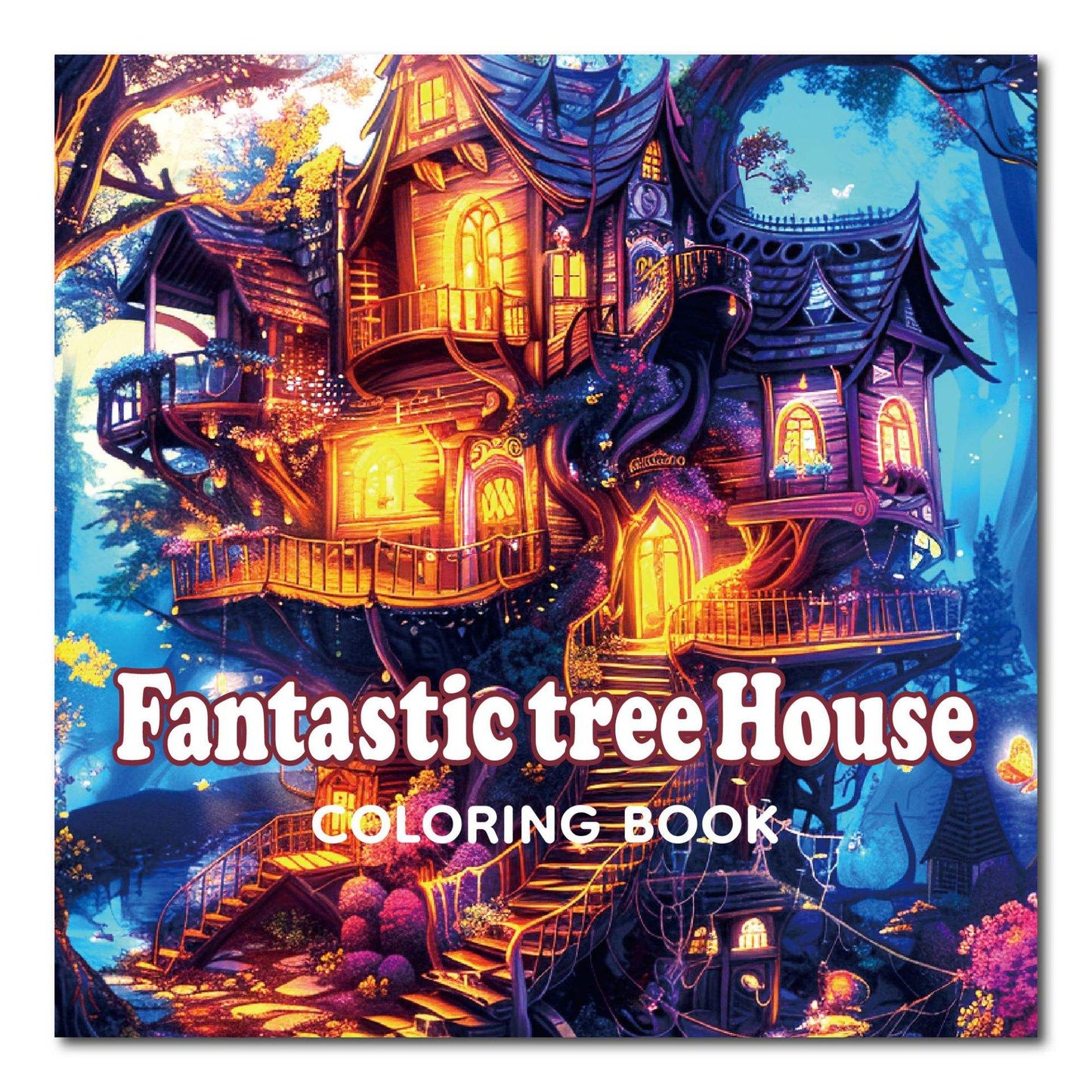 Livre de coloriage: maison dans un arbre fantastique, couverture illustrée lumineuse.