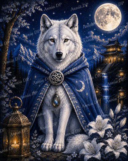 Broderie diamant : loup gris en cape bleue, pendentif au médaillon, fleurs blanches