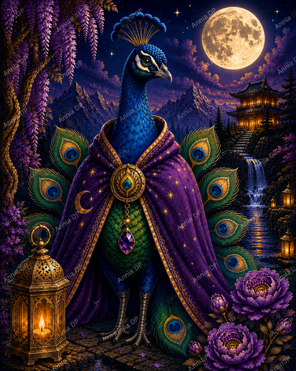 Peinture au numéro : paon bleu en robe violette, plumes éventail et motifs dorés.